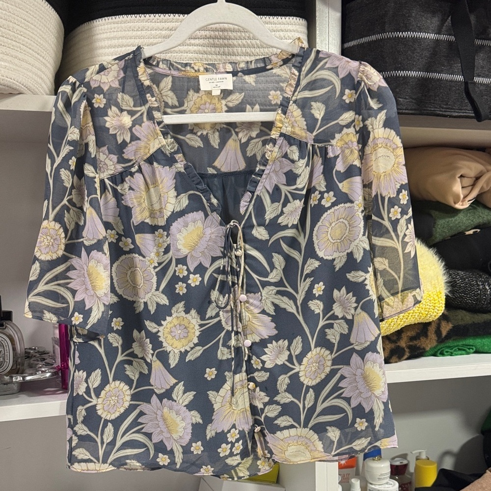 Central Park West Floral Blouse | Boho Chic Sheer Top size M - Picture 3 of 4